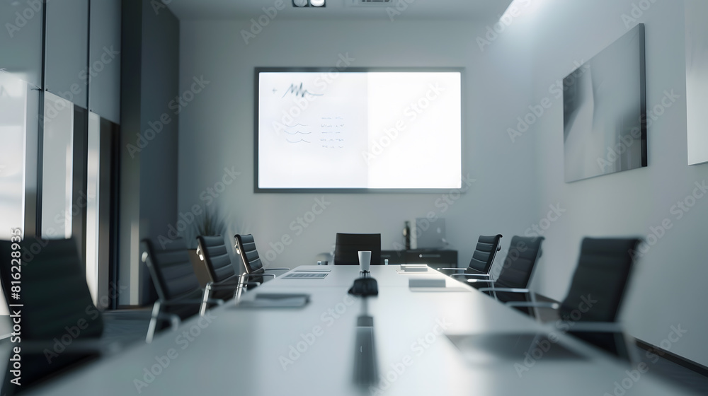 Poster empty conference room for team meetings in modern creative agency with art on walls and desks with c
