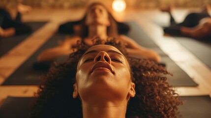 Group of young people practicing yoga, lying with their eyes closed, doing savasana, corpse pose