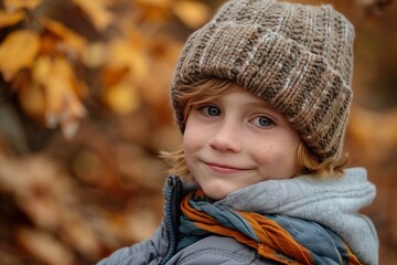 Portrait of a happy young boy wearing a knitted hat and scarf during the fall season