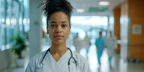 Portrait of young female doctor on blurred clinic hallway background.