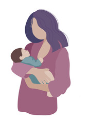 Mom hold the baby in hands flat vector illustration. Hand drawn mother holding a baby simple vector illustration, isolated on transparent background. Mother's day card, poster, banner, mom to be.