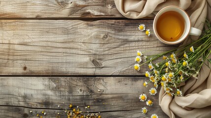 Chamomile herbal tea in a cup, surrounded by flower buds, on a wooden table with a textile and a chamomile bouquet.

