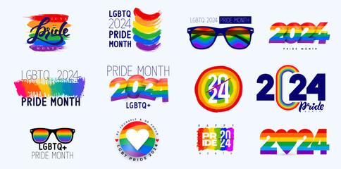 Collection of LGBT Pride Month 2024. Rainbow flag, sunglasses, rabbit, logos, symbols and colored stickers set. 2024 Human rights and tolerance. LGBTQ community. Vector Celebrate Pride Month Label.