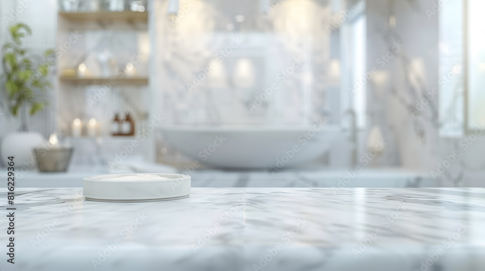 Poster empty marble top table with blurred bathroom interior background for product display montage : gener