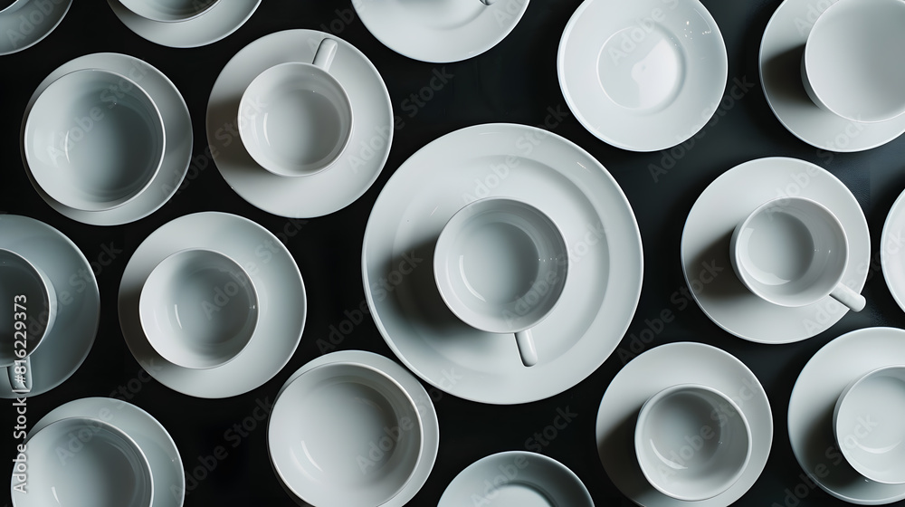 Poster Many white empty ceramic plate and cup on black background close up copy space View from above : Generative AI
