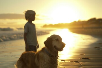 Peaceful scene of a boy and his dog enjoying a stunning beach sunset together