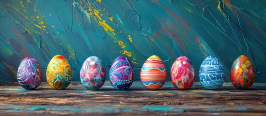 Row of painted easter eggs on wooden table