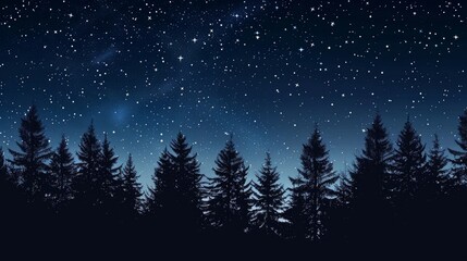 A night scene with a dark sky filled with glowing stars above the silhouettes of tall forest trees.

