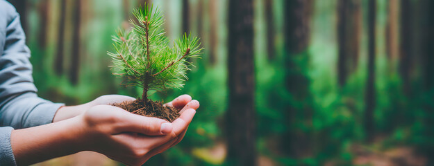 Close-up of hands gently holding a small pine seedling with a forest background, symbolizing growth and care. The young plant represents new beginnings and environmental stewardship.