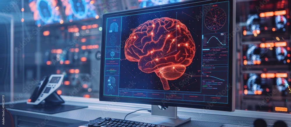 Poster a computer screen displaying a detailed image of a brain, representing advanced technology and neuro