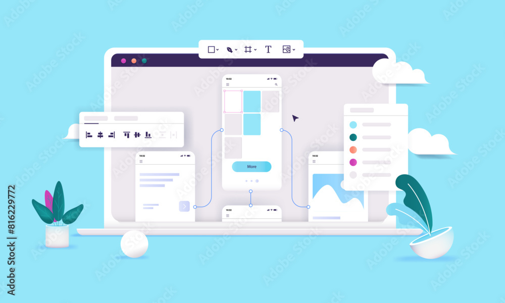 Poster Design prototype - Computer screen with ux design prototyping software creating wireframes for mobile app or web site page. Semi flat vector illustration with blue background