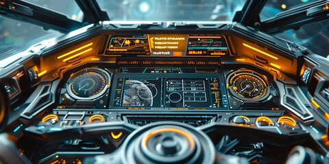 Zoom in on a futuristic spaceship dashboard, highlighting intricate buttons and screens like a detailed oil painting Embed subtle hints of board game strategies in the digital interfaces, hinting at