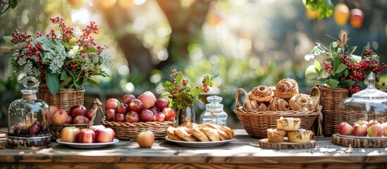 Table with baskets of apples, bread, and flowers
