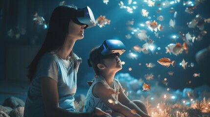 A little girl with her parent is in a virtual fantasy underwater world with sealife when wearing VR headset.