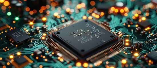 Detailed view of a CPU chip on a vibrant green circuit board, showcasing intricate electronic components.