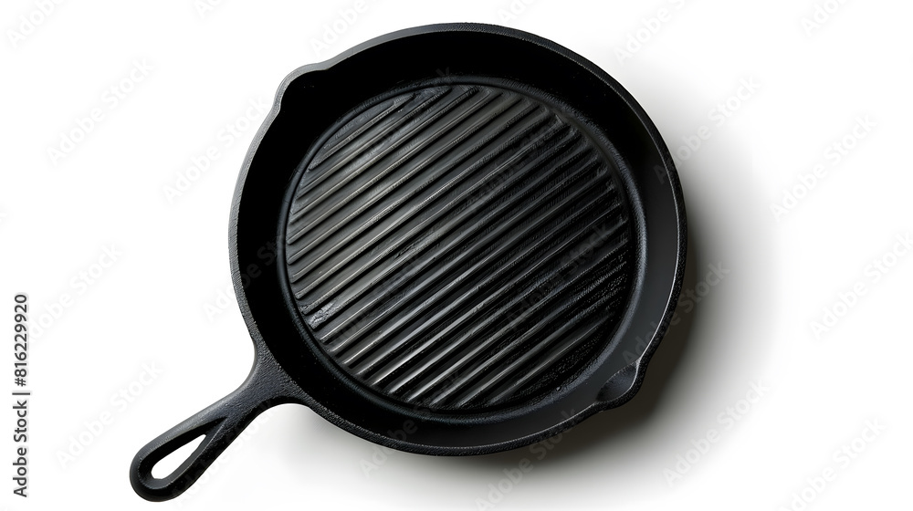 Aufkleber Empty cast iron grill frying pan isolated on white background with clipping path Top view : Generative AI