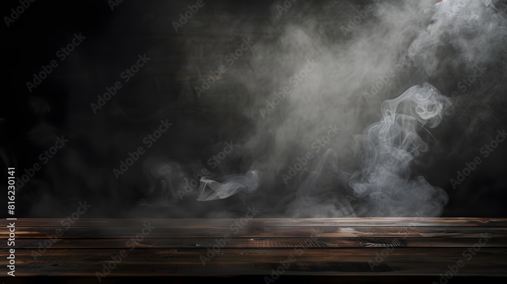 Aufkleber On a black background an empty wooden table with smoke floats up Empty space for displaying your products with a smoke float up on a dark background Space available for displaying your : Generative AI