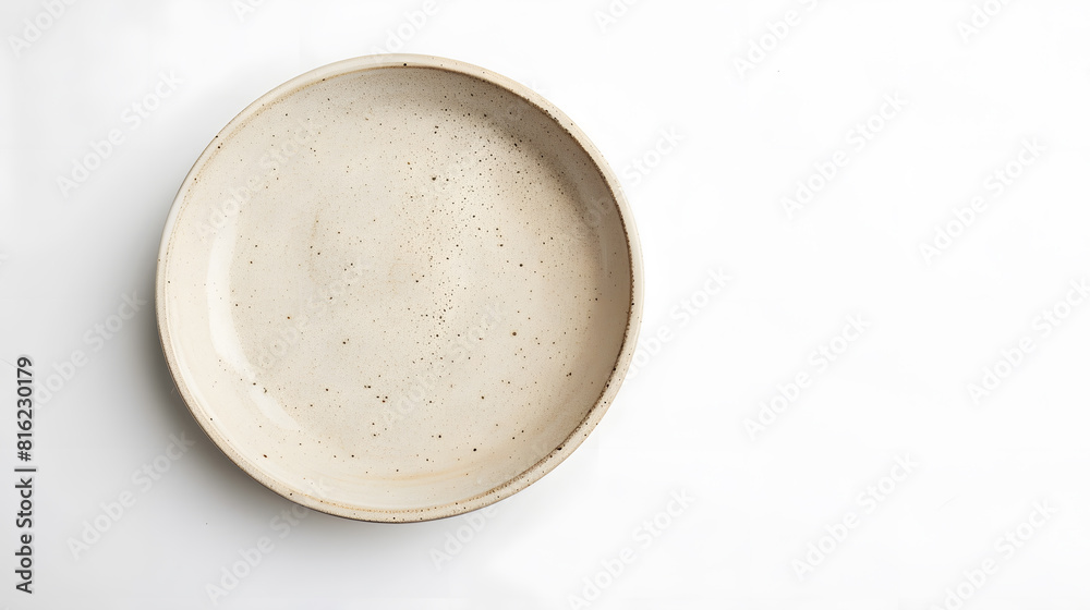 Poster empty trendy handmade ceramic dish tablewares round empty plate dark pastel cream beige texture vint