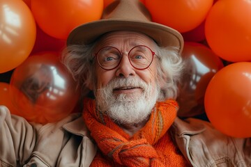 Elderly man with balloons and joyful expression