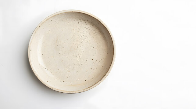 Empty trendy handmade ceramic dish tablewares Round empty plate dark Pastel Cream Beige texture vintage classic pattern isolate on white background top view cut out : Generative AI