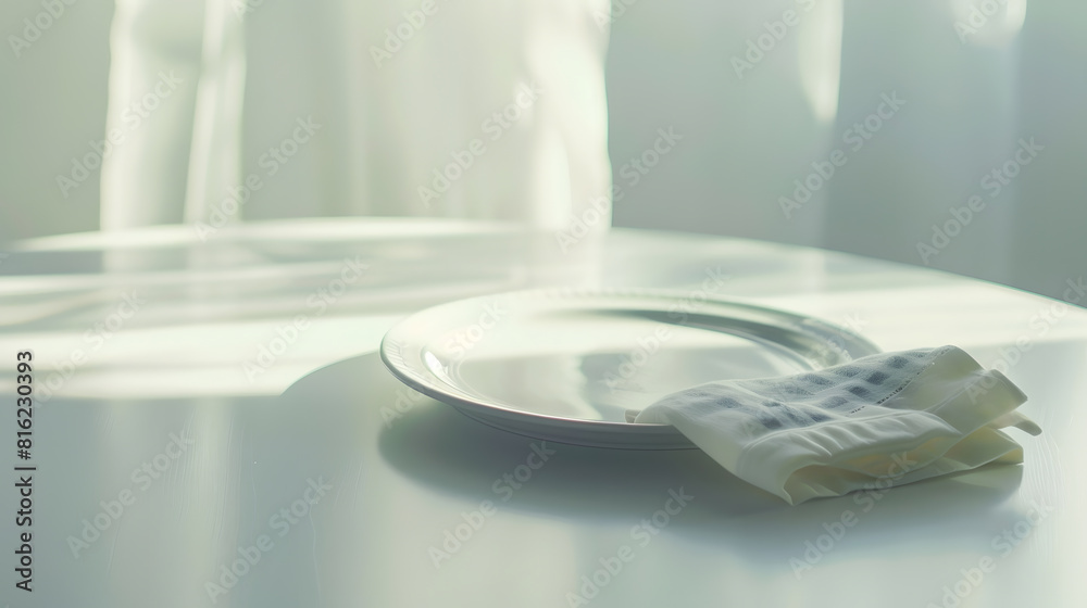 Poster empty plate and napkin on white table indoors : generative ai