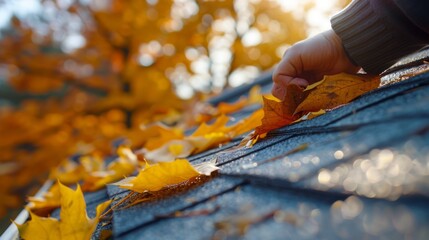 Hand picking up golden leaf from roof gutter filled with autumn leaves.
