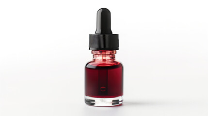 Fototapeta premium Dark red liquid in a glass dropper bottle with a black cap on a white background