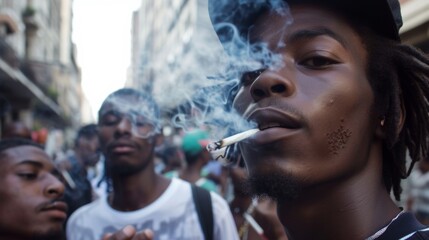 Fototapeta premium A group of young people smoke cannabis together with smoke