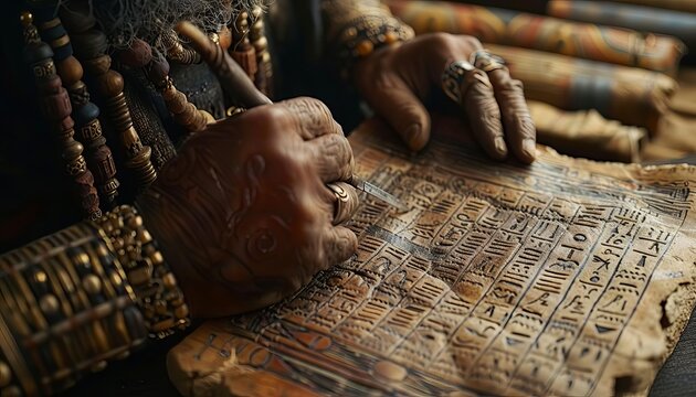 A Sumerian scribe in traditional attire, writing on a clay tablet with a stylus, surrounded by scrolls and ancient artifacts