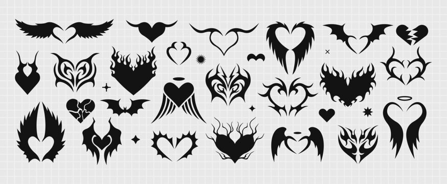 Tribal hears set. Vector illustration. Y2k design.