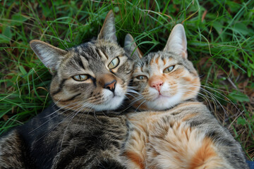 Two Charming Cats Snuggling Together on a Lush Green Grass Bed
