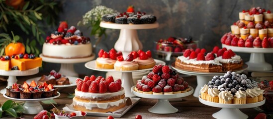 Assortment of cakes and desserts on table