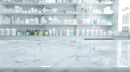 Empty white marble counter top with blur pharmacy drugstore shelves background : Generative AI