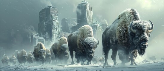 Bison walking through snowy city