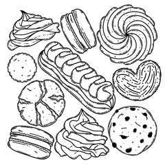 Desserts and bakery products set. Cookies, meringue, eclair silhouette drawing. Chocolate, oatmeal, black on white line art