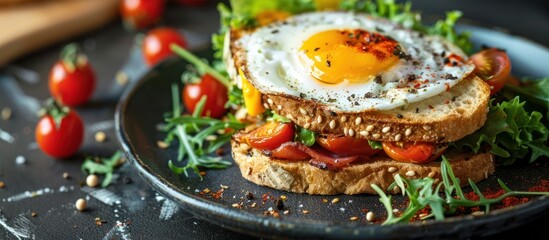 Hearty egg and tomato sandwich on black plate - Powered by Adobe