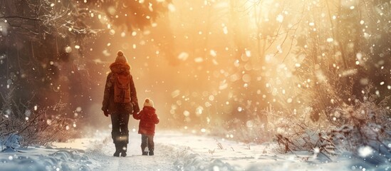 Woman and child walking in snowy forest