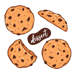 Oat cookie vector illustration. with chocolate crisps, cookies with crumbs, bitten and whole. Oatmeal sweet dessert biscuits.