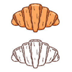 Croissant vector coloring page for childrens coloring book.  Bake sweet dessert product for breakfast or lunch, hand drawn sketch