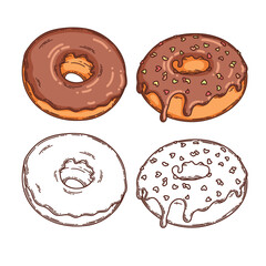 Donut with glaze icing and sprinkles dessert vector hand drawn coloring page for coloring book. Bake sweet dessert product.