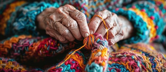 Elderly woman knitting a sweater