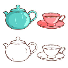 Vector tea cup and teapt coloring book page