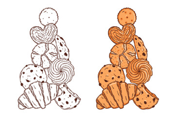 Oat cookie, puff pastry, croissant vector coloring page for coloring book. Bake sweet dessert product for breakfast or lunch, hand drawn sketch