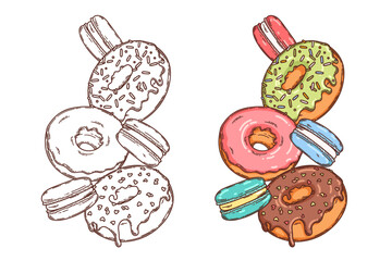 Donuts and macaron dessert with cream vector coloring page for coloring book. Bake sweet dessert product.
