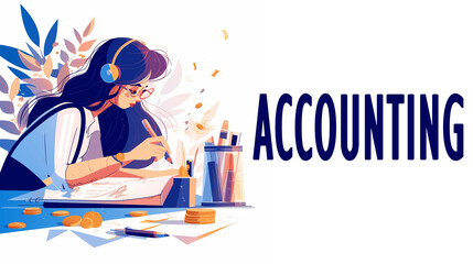 Woman With Headphones and Accounting Word Illustration