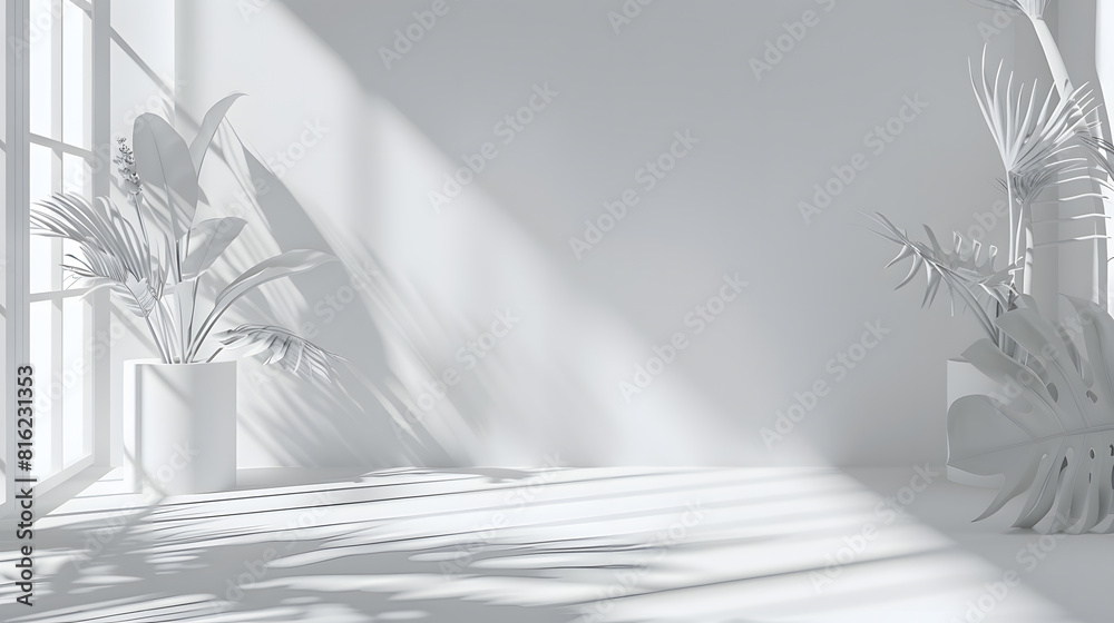 Poster Abstract white studio background for product presentation Empty room with shadows of window and flowers and palm leaves  3d room with copy space Summer concert Blurred backdrop : Generative AI