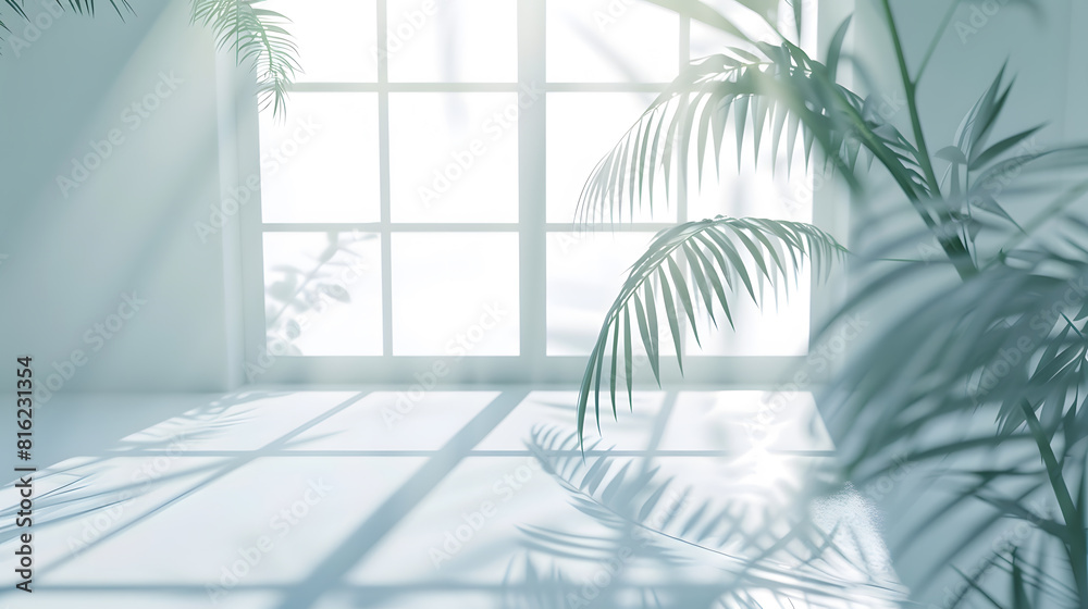 Poster Abstract white studio background for product presentation Empty room with shadows of window and flowers and palm leaves  3d room with copy space Summer concert Blurred backdrop : Generative AI