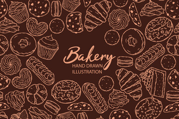 Vector backery and confectionery template. Hand drawn donuts, cupcakes, macarons, croissant cookies and other sweets