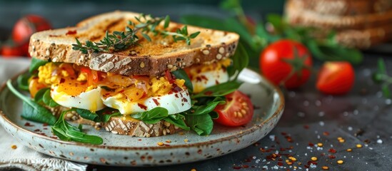 Wholesome sandwich with eggs, tomatoes, and herbs