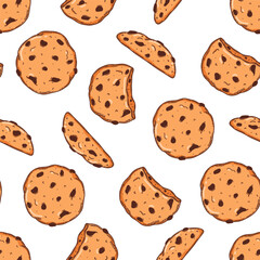 Vector bakery and confectionery seamless pattern template. Hand drawn oat cookies with chocolate chip